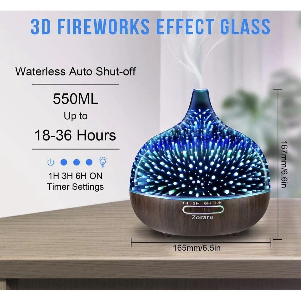 Zorara 3D Glass Aroma Diffuser, 7 Color Changing Led Lights/Waterless Auto Shut